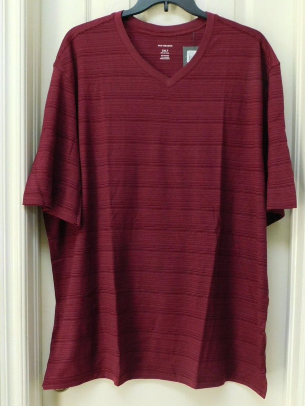 VAN HEUSEN Big and Tall Mens High V Neck T-Shirt Burgundy Striped 2XLT